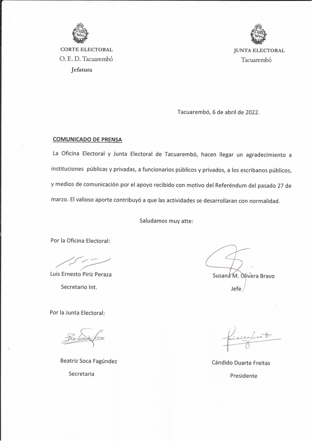 Comunicado de Prensa de Oficina y Junta Electoral Tacuarembó