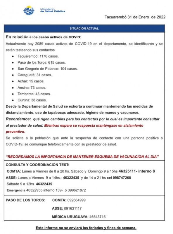 Informe Covid Tacuarembo 31 enero 2022