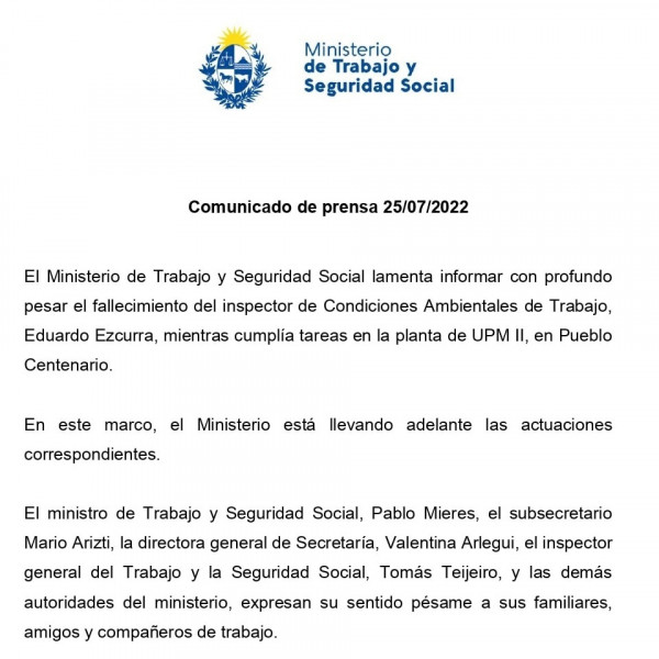 MTSS comunicado fallecimiento